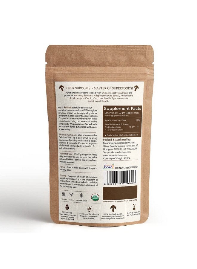 Rooted Actives Shiitake Mushroom Powder (45 Gm) | Cholesterol, Heart Health, Immunity | Usda Organic | 40% Beta Glucans - Image 2