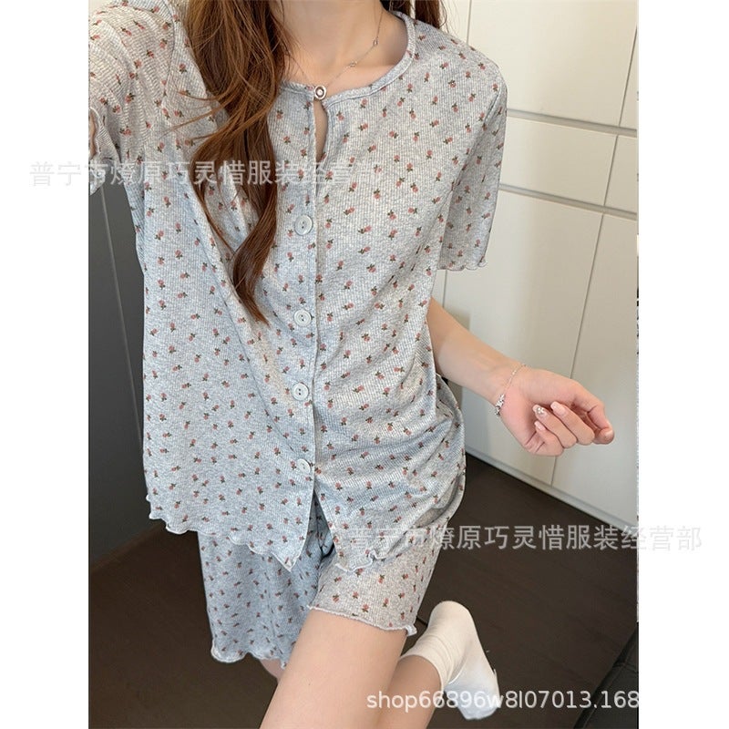 Korean Style Ins-Style Pajamas for Women in Summer, Cute Bow-Knot Ice Silk Ribbed Casual Home Wear Set That Can Be Worn Outside in Spring - Image 3