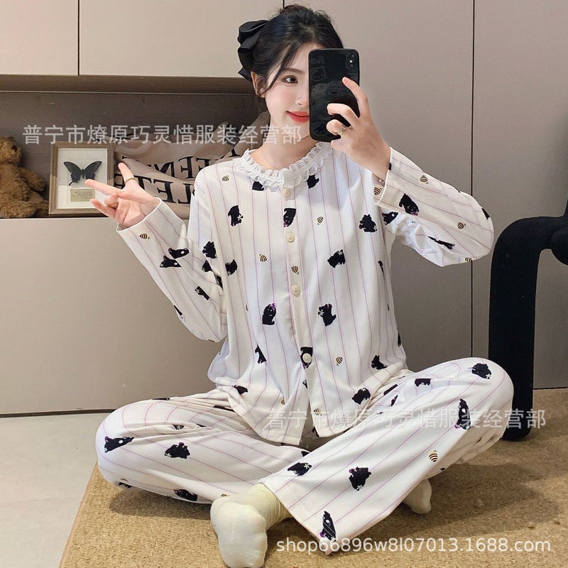 Korean Style Ins-Style Pajamas for Women in Summer, Cute Bow-Knot Ice Silk Ribbed Casual Home Wear Set That Can Be Worn Outside in Spring - Image 1