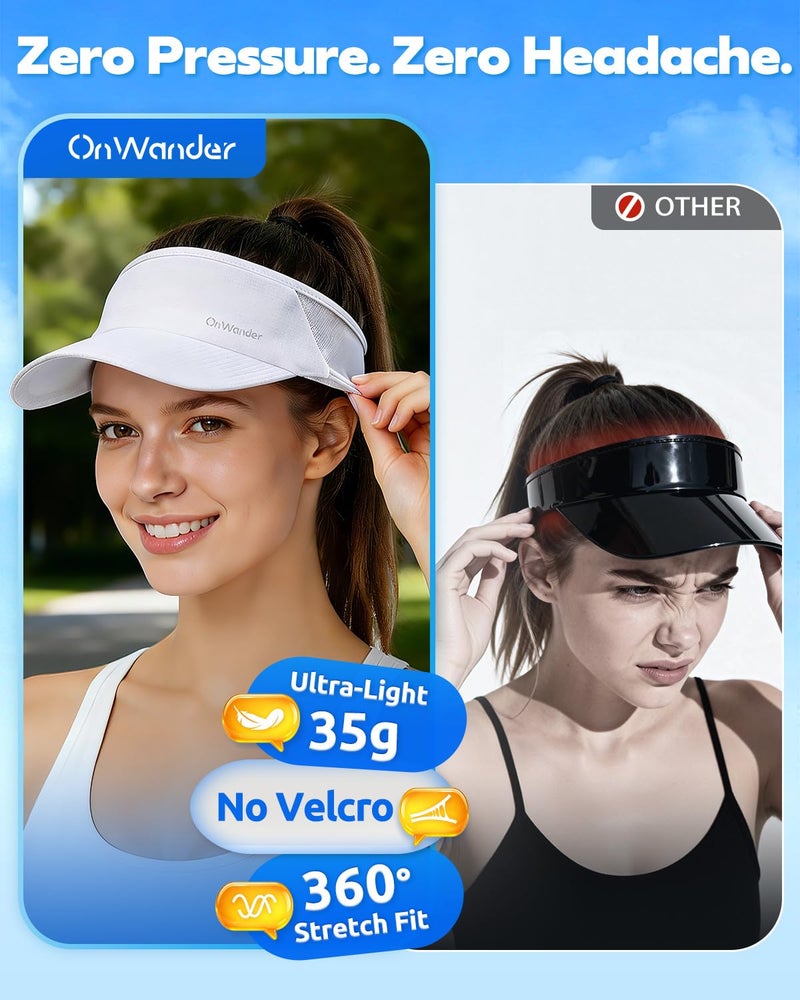 OnWander Sport Sun Visor Hat for Women Men - Lightweight Stretchy Polyester Spandex Quick Dry Sweatband Wrinkle Resistant White - Image 4