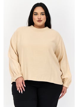 DeFacto Women Round Neck Long Sleeves Plain Tops, Tan  - Image 1