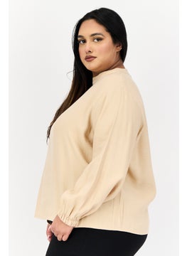 DeFacto Women Round Neck Long Sleeves Plain Tops, Tan  - Image 2