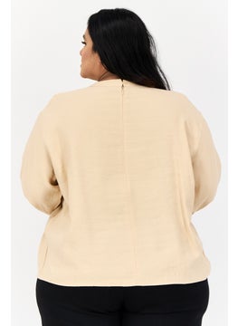 DeFacto Women Round Neck Long Sleeves Plain Tops, Tan  - Image 3