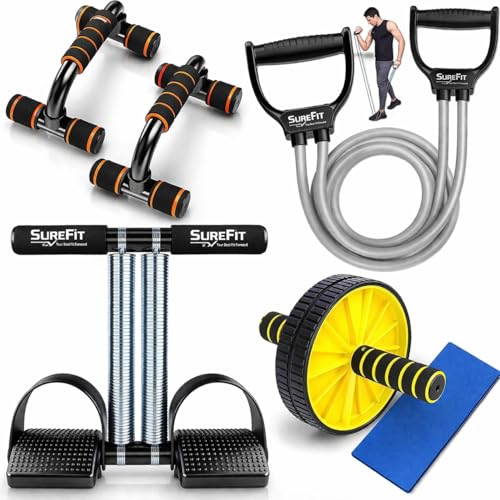 SUREFIT Double Spring Tummy Trimmer, Resistance Toning Tube, Ab Roller & Push-Up Bar 4-in-1 Home Gym Combo Full Body Fitness Kit for Men & Women | Black (Black) - Image 1