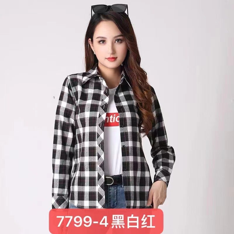 Plaid shirt long sleeve 2024 spring and summer New plus size students Korean version loose suit shirt sunscreen coat 7799-4 black, white and red