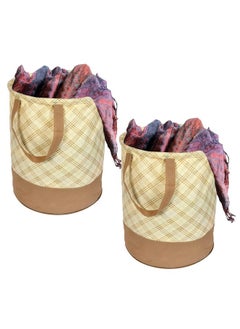 Kuber Industries Kuber Industries Non-Woven Round Laundry Basket For clothes|Checks Print Foldable Toy Storage Organizer|Reinforced Handle With Sturdy Base 45 LTR|Pack of 2 (Cream)  - Image 1