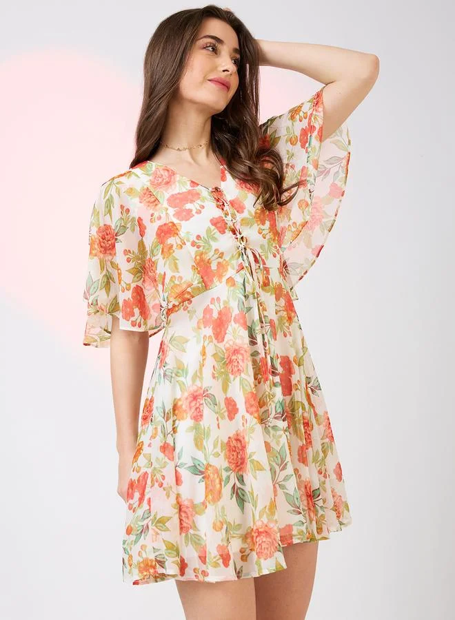 globus Pink Flared Sleeves Floral Print Mini Dress