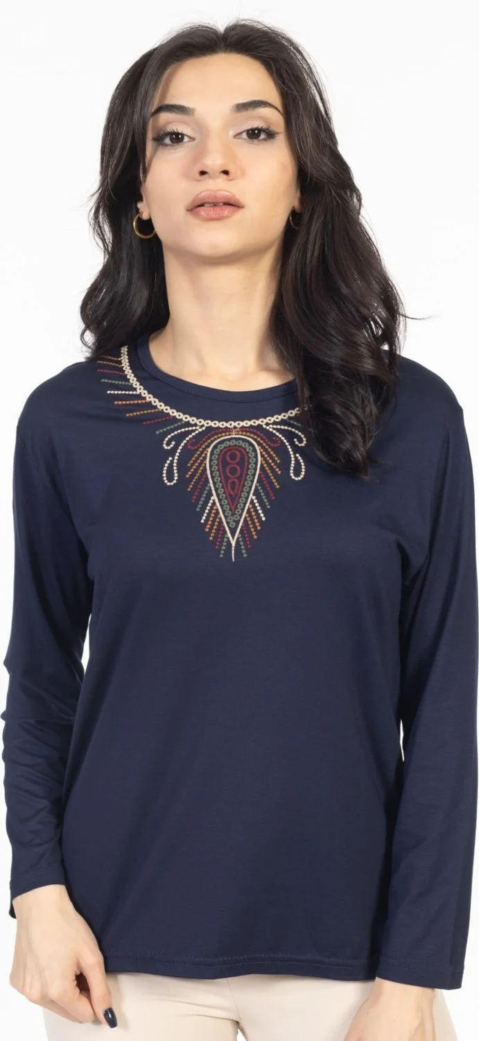 موتلو سيتي Middle Age and Above New Pattern Embroidered Round Neck Lycra Mother's Combed Cotton Blouse 6460