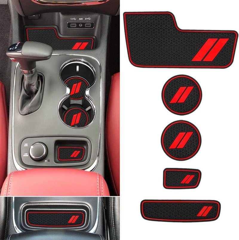 Auovo Center Console Mats for Durango Accessories 2014 2015 2016 2017 2018 2019 2020 Auto Car Cup Holder Insert/Coasters Custom Fit Cup Liners Pads Interior Decoration (5pcs/Set, Red Trim) - Image 1