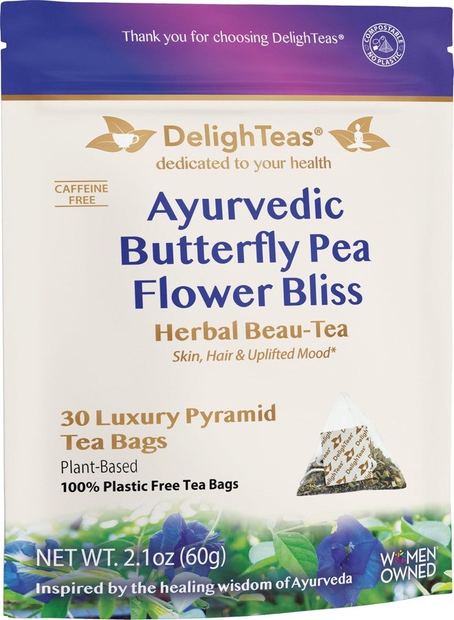 DelighTeas Organic Butterfly Pea Flower Bliss Tea | Eco-Conscious Pyramid Tea Bags | With Ginger, Lemongrass & Licorice | USDA Organic, Vegan, Caffeine Free, Kosher | 30 Tea Bags, 2g each - Image 1