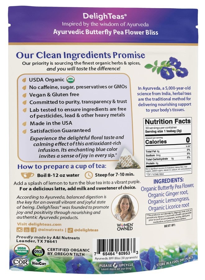 DelighTeas Organic Butterfly Pea Flower Bliss Tea | Eco-Conscious Pyramid Tea Bags | With Ginger, Lemongrass & Licorice | USDA Organic, Vegan, Caffeine Free, Kosher | 30 Tea Bags, 2g each - Image 4