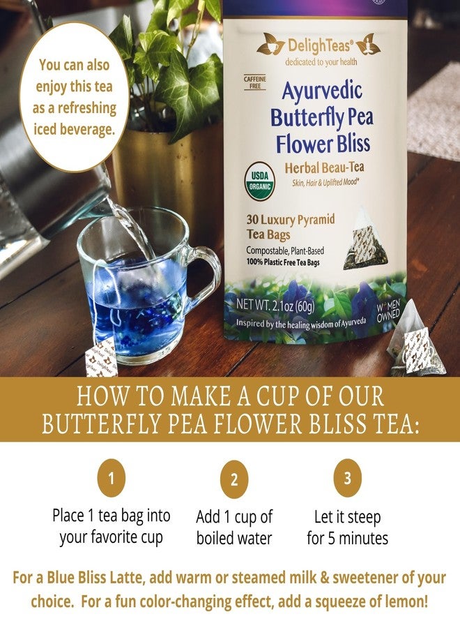 DelighTeas Organic Butterfly Pea Flower Bliss Tea | Eco-Conscious Pyramid Tea Bags | With Ginger, Lemongrass & Licorice | USDA Organic, Vegan, Caffeine Free, Kosher | 30 Tea Bags, 2g each - Image 5
