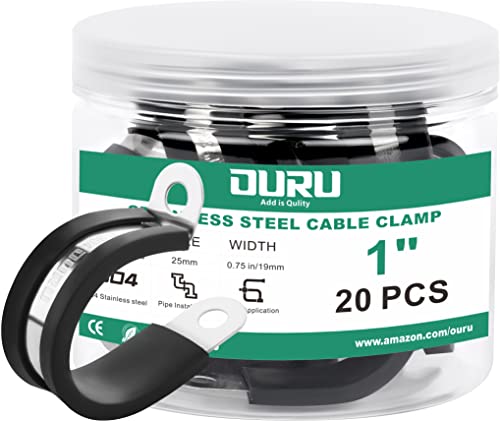 OURU 20pcs 1 Inch Stainless Steel Cable Clamps, Rubber Coated, Black - Image 1