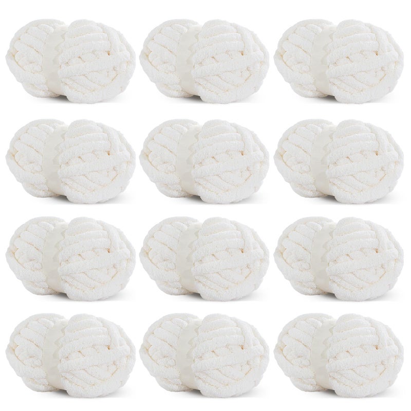 HOMBYS White Chunky Chenille Yarn for Crocheting Bulky Thick Fluffy Yarn for KnittingSuper Bulky Chunky Yarn for Hand Knitting Blanket Soft Plush Yarn 12 Jumbo Pack 27 yds8 oz Each Skein