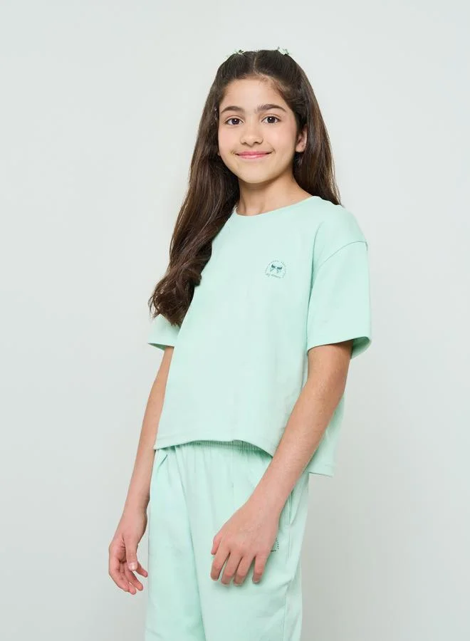 ستايلي Girls Green Crop Top with Straight Leg Joggers Set