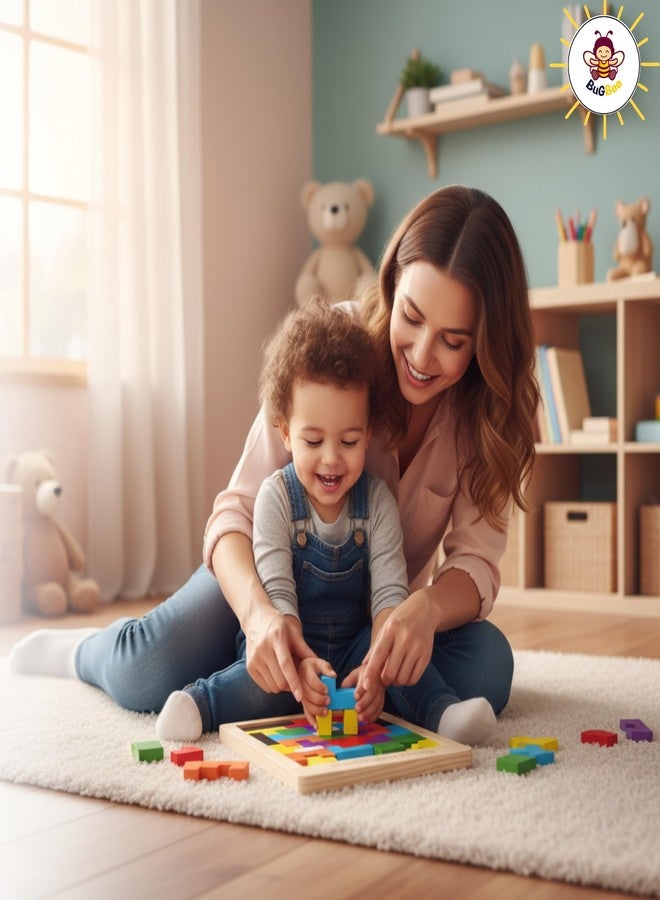 ألعاب تانغرام خشبية للأطفال من Bugbee Toys | 40 قطعة من المكعبات الروسية، لعبة ألغاز ذهنية، لعبة مونتيسوري تعليمية، لعبة فرز الأشكال، مكعبات بناء خشبية STEM للأطفال الصغار من سن 3 إلى 8 سنوات - Image 1