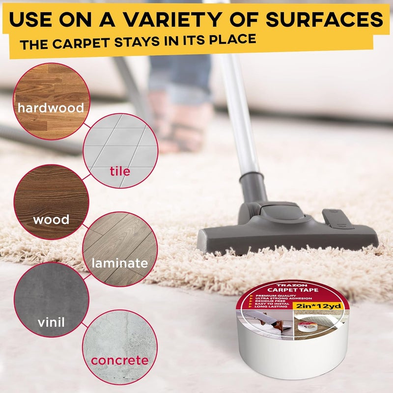 Trazon Carpet Tape Double Sided - Rug Tape Grippers for Hardwood Floors and Area Rugs - Carpet Binding Tape Strong Adhesive and Removable, Heavy Duty Sticky Tape, Residue Free ((2 Inch / 12 Yards) 2Pack) - Image 5