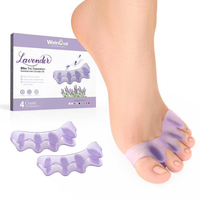 Welnove Welnove Toe Separators Spacers for Women Toe Spacers with Lavender Extract Toe Straightener for Women Men Bunion Corrector Toe Stretcher for Yoga Practice Lavender 4 Pack 
