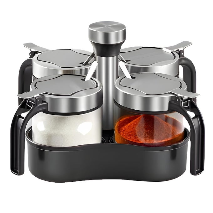 REVOLVING CONDIMENT POTS FOR PICKLE SALT PEPPER CELLAR WITH LID AND SPOON SET OF 4 GLASS PICKLE ORGNAISER WITH 360 ROTATING HOLDER TRAY FOR KITCHEN 4 POTS