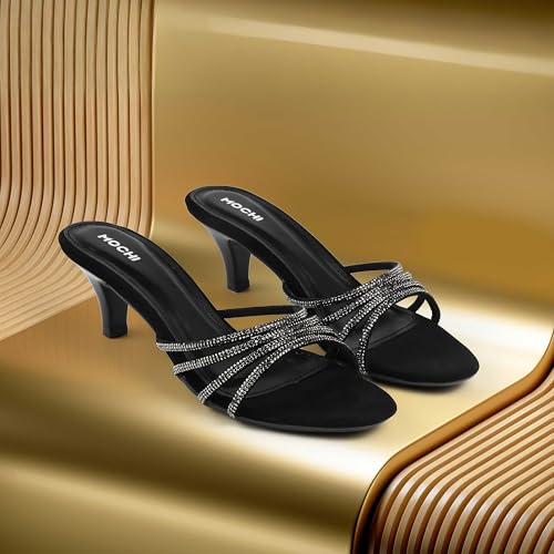 Mochi Women's Black Rhinestone Strappy Kitten Heel Slides UK/6 EU/39(40-400) - Image 2