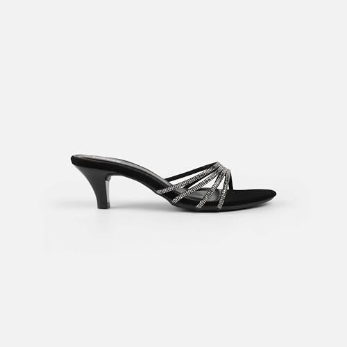 Mochi Women's Black Rhinestone Strappy Kitten Heel Slides UK/6 EU/39(40-400) - Image 4