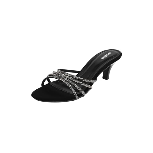 Mochi Women's Black Rhinestone Strappy Kitten Heel Slides UK/6 EU/39(40-400) - Image 1