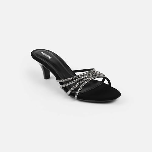 Mochi Women's Black Rhinestone Strappy Kitten Heel Slides UK/6 EU/39(40-400) - Image 3