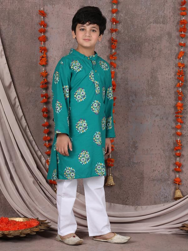 superminis Boys Cotton Kurta Pyjama Set | Gold Foil Printed Ethnic Wear for Kids | Baby Boy Kurta Set with Elastic Pyjama | Festival & Wedding Outfit (Green, 3-4 Years) - Image 4