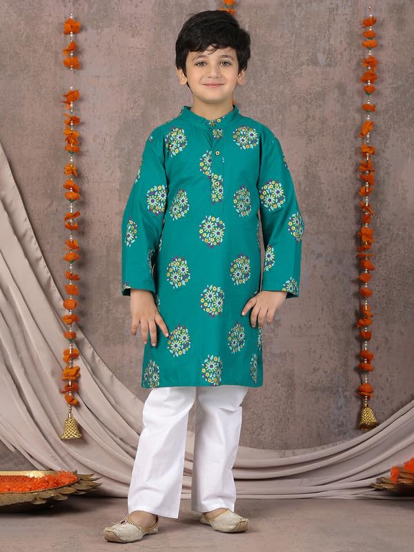 superminis Boys Cotton Kurta Pyjama Set | Gold Foil Printed Ethnic Wear for Kids | Baby Boy Kurta Set with Elastic Pyjama | Festival & Wedding Outfit (Green, 3-4 Years) - Image 2