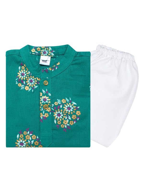 superminis Boys Cotton Kurta Pyjama Set | Gold Foil Printed Ethnic Wear for Kids | Baby Boy Kurta Set with Elastic Pyjama | Festival & Wedding Outfit (Green, 3-4 Years) - Image 1
