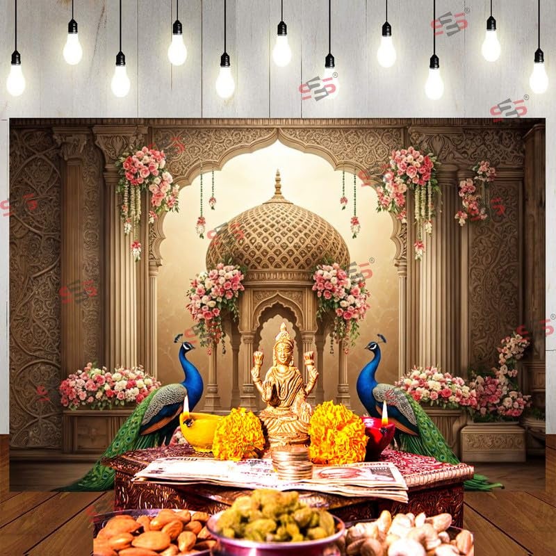 S2S قماش خلفية طائر الطاووس لزينة البوجا التقليدية، قماش زينة خلفية | قماش ستارة لجميع المهرجانات والفعاليات والمناسبات - (5 × 8 قدم) (طائر الطاووس الثاني) - Image 3