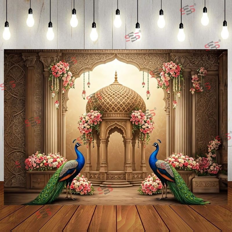 S2S قماش خلفية طائر الطاووس لزينة البوجا التقليدية، قماش زينة خلفية | قماش ستارة لجميع المهرجانات والفعاليات والمناسبات - (5 × 8 قدم) (طائر الطاووس الثاني) - Image 1
