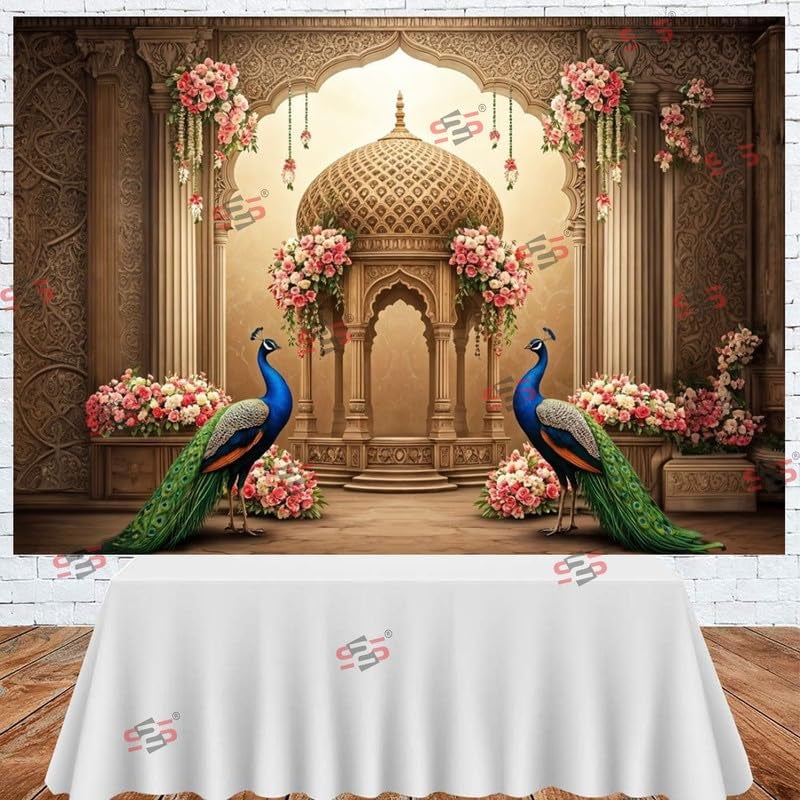 S2S قماش خلفية طائر الطاووس لزينة البوجا التقليدية، قماش زينة خلفية | قماش ستارة لجميع المهرجانات والفعاليات والمناسبات - (5 × 8 قدم) (طائر الطاووس الثاني) - Image 4
