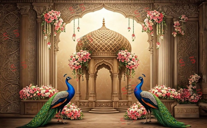 S2S قماش خلفية طائر الطاووس لزينة البوجا التقليدية، قماش زينة خلفية | قماش ستارة لجميع المهرجانات والفعاليات والمناسبات - (5 × 8 قدم) (طائر الطاووس الثاني) - Image 5