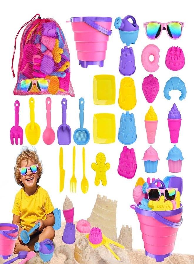 Fegalop 31PCS Beach Toys Set for Girls Kids, Collapsible Sand Bucket and Shovels Set with Watering Can, Ice Cream Cake Sand Molds,Mesh Bag, Outdoor Play Travel Beach Toys for Kids Toddler Boys Girls - Image 1
