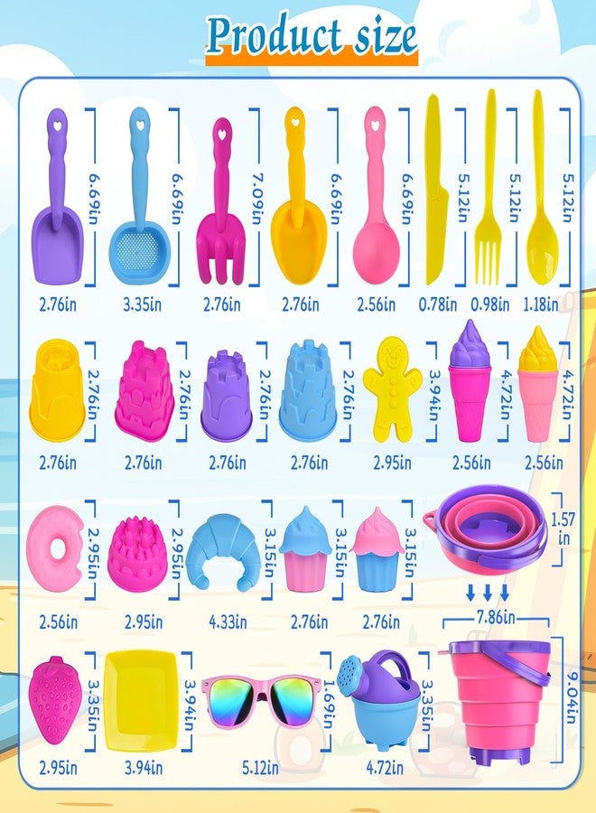 Fegalop 31PCS Beach Toys Set for Girls Kids, Collapsible Sand Bucket and Shovels Set with Watering Can, Ice Cream Cake Sand Molds,Mesh Bag, Outdoor Play Travel Beach Toys for Kids Toddler Boys Girls - Image 2
