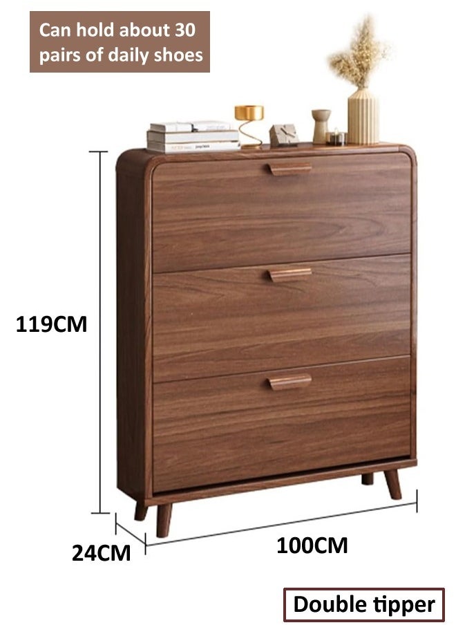 fashionhome 3 Tiers Flip Down Round Corner Design Shoe Cabinet Narrow Entryway Shoe Organizer Durable Wood Shoe Rack with Display Shelf for Living Room Hallway 100x24x119 cm  - Image 4