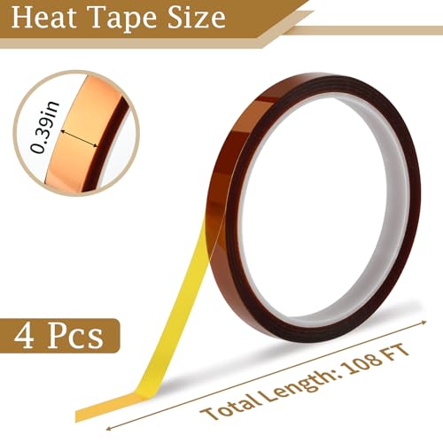 PEASUG Heat Tape, 4 Rolls High Temperature Heat Resistant Tape, Adhesive Heat Tape for Sublimation, Heat Press, Electronics, Soldering, Circuit Board, 10mm x33m(108ft) - Image 2