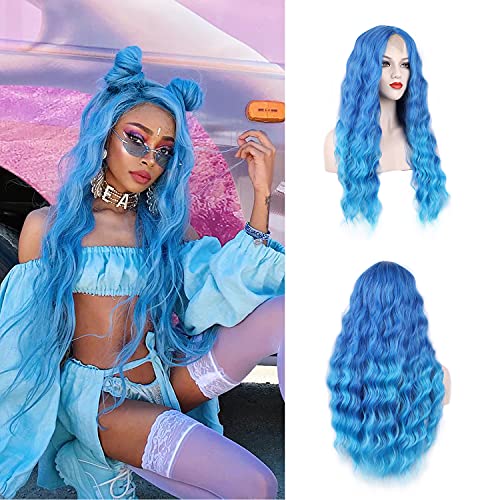 WECAN Blue Wig Long Natural Wavy Wig Synthetic Water Wave Blue Wig Halloween Cosplay Daily Party Heat-Resistant Fiber Wig - Image 1