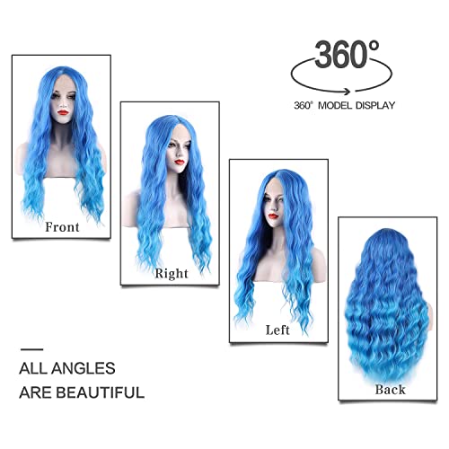 WECAN Blue Wig Long Natural Wavy Wig Synthetic Water Wave Blue Wig Halloween Cosplay Daily Party Heat-Resistant Fiber Wig - Image 2