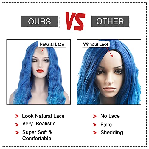 WECAN Blue Wig Long Natural Wavy Wig Synthetic Water Wave Blue Wig Halloween Cosplay Daily Party Heat-Resistant Fiber Wig - Image 4