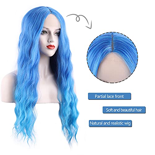 WECAN Blue Wig Long Natural Wavy Wig Synthetic Water Wave Blue Wig Halloween Cosplay Daily Party Heat-Resistant Fiber Wig - Image 3