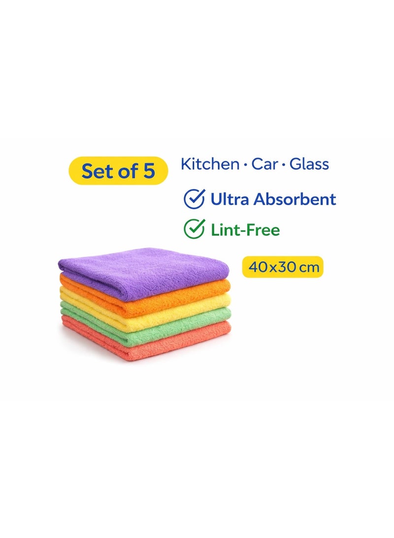 Microfiber Cleaning Cloth Set of 5 | Ultra Absorbent Towels | Lint-Free Multi-Purpose for Kitchen, Car, Glass & Home | 40x30 cm - Image 1