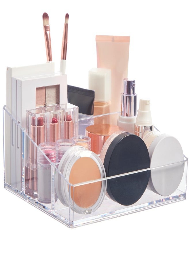 STORi Clear Plastic Small Countertop Vanity Makeup Organizer, Compact Rectangular 4-Compartment Holder for Brushes, Eyeshadow Palettes, & Beauty Supplies, Made in USA - Image 1