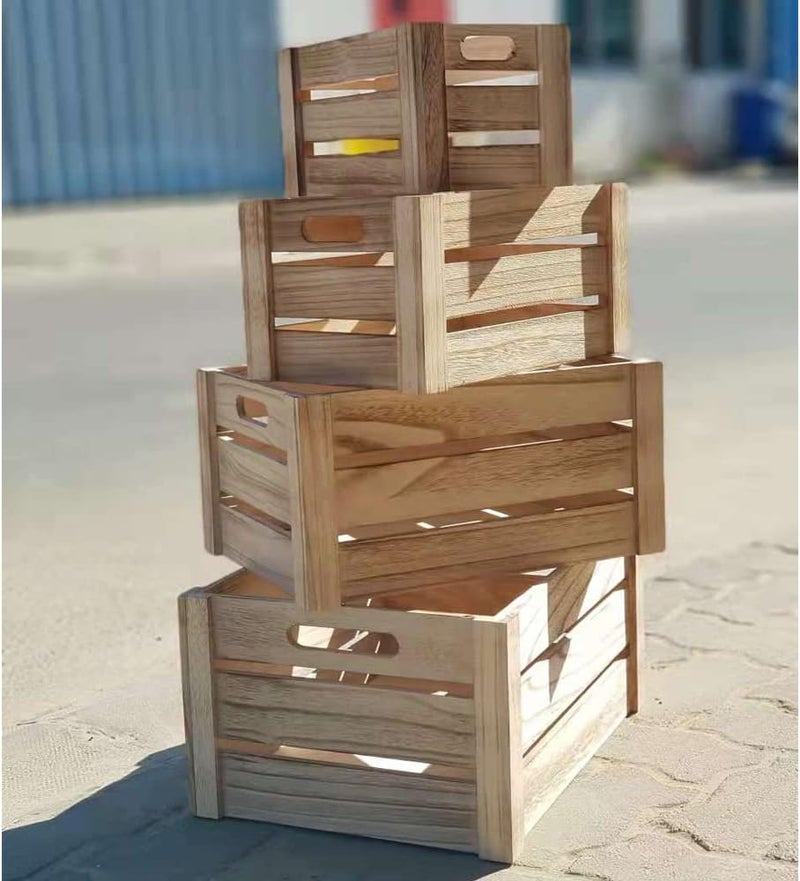 LINGWEI (Set of 4) Wooden Storage Box with Handles Decorative Wooden Storage Crates, Wood Boxes Rustic Farmhouse Style for Storage and Display Decorative Wooden Crates for Home. (Natural) - Image 1