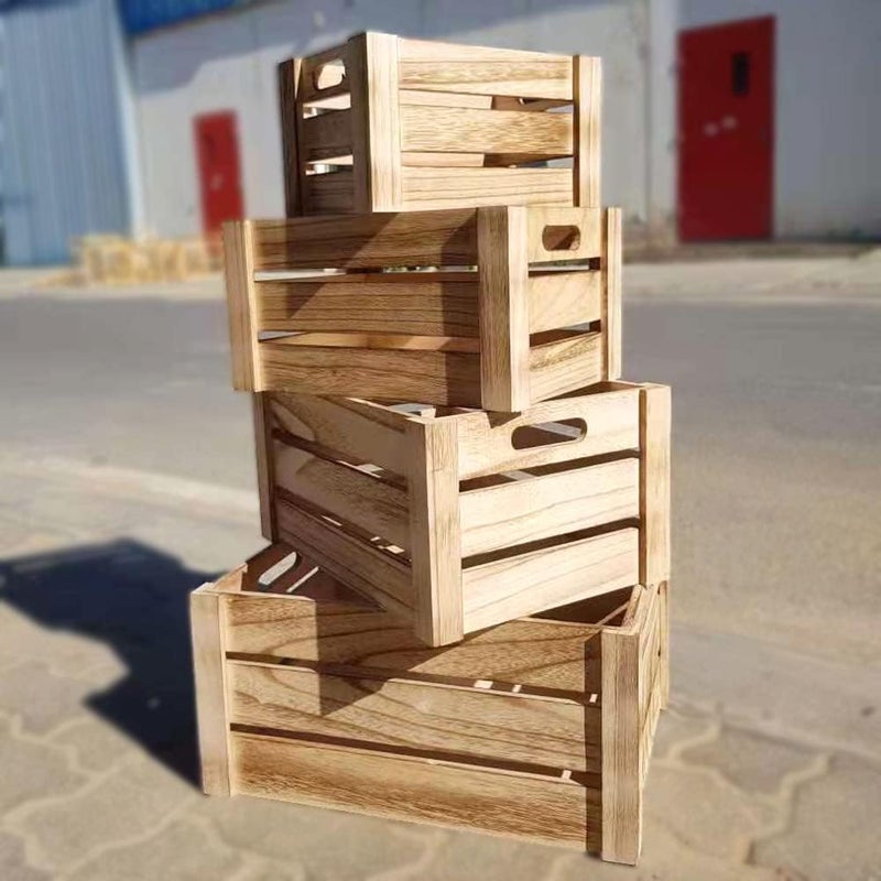 LINGWEI (Set of 4) Wooden Storage Box with Handles Decorative Wooden Storage Crates, Wood Boxes Rustic Farmhouse Style for Storage and Display Decorative Wooden Crates for Home. (Natural) - Image 3