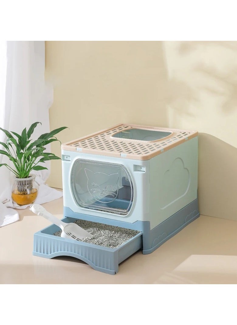 GT-Wheel - Large Foldable Cat Litter Box with Lid and Kitty Litter Scoop Drawer Front Entry & Top Exit Covered Kitten Box - Image 1