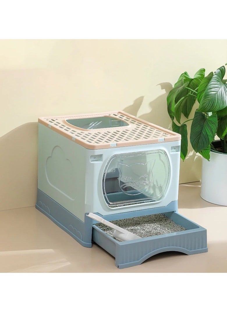 GT-Wheel - Large Foldable Cat Litter Box with Lid and Kitty Litter Scoop Drawer Front Entry & Top Exit Covered Kitten Box - Image 1