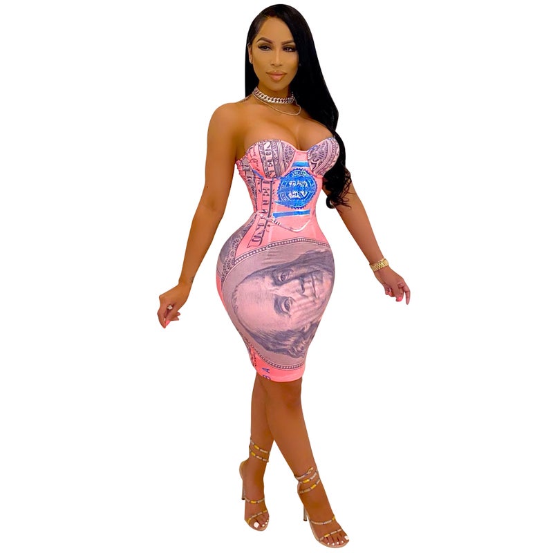 D9515 Amazon Hot Selling European and American Womens Sexy Casual Dollar Positioning Printed Tube Top Sleeveless Dress Pink -2