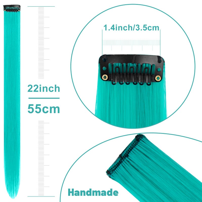 TOFAFA 22 inch Colored Hair Extensions Straight Hairpiece, Multi-colors Party Highlights Clip in Synthetic Hair Extensions for Women Kids Girls(10 PCS Teal Blue) - Image 3